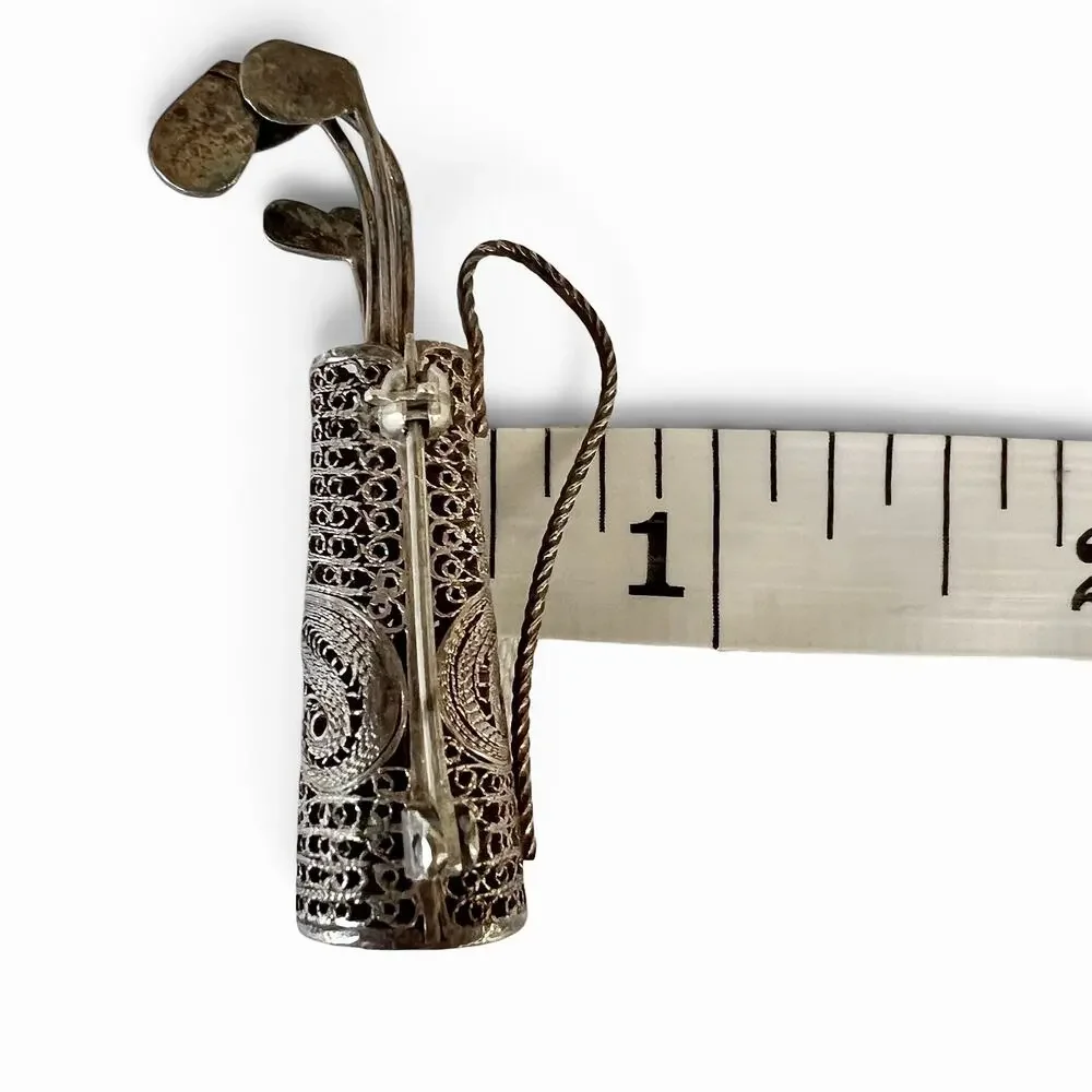 Vintage Filigree Brooch Golf Clubs Bag Handcrafted Pin Ornate Silver Tone Estate